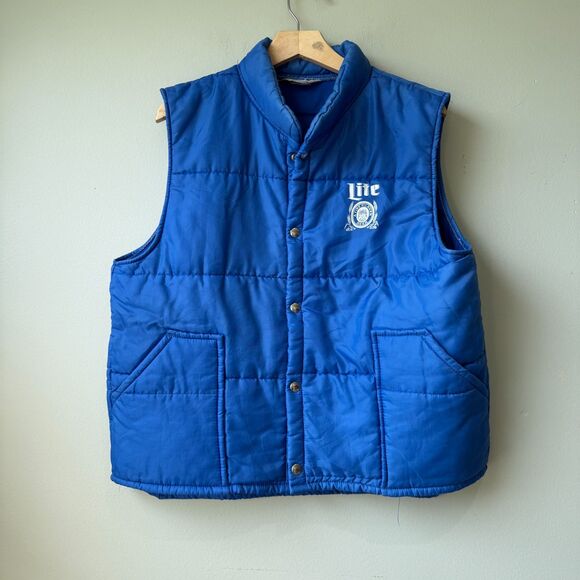 Vintage Swingster Miller Lite Beer Embroidered Patch Blue Button Up Puffer Vest - Picture 1 of 2